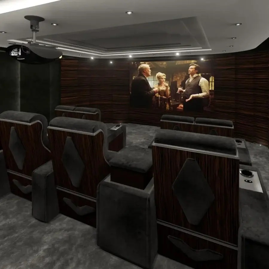 Innovative Vismara Luxor home cinema seating with dark gray upholstery, chrome steel cupholders and glossy lacquered wood armrests