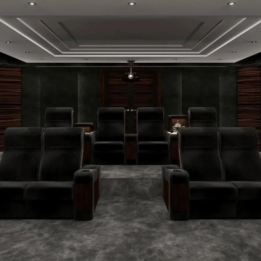 Superior Vismara Luxor home cinema seating upholstered in dark textile with lacquered wood armrests and integrated chrome steel cupholders