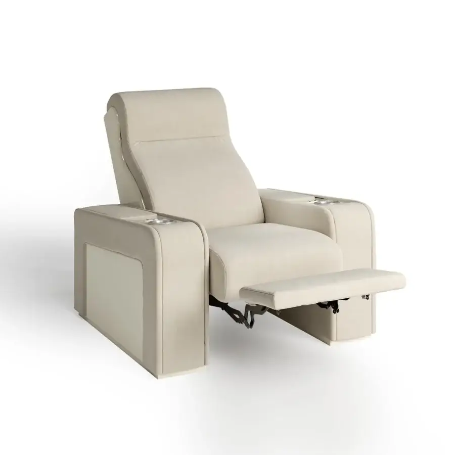 Distinguished Vismara Luxor home cinema seating with light beige fabric upholstery and soft touch lacquered wood armrests in chrome steel accents