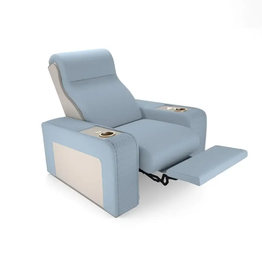 Elegant Vismara Luxor home cinema seating with light blue fabric upholstery and lacquered wood armrests with chrome steel cupholders and Soft Touch finish