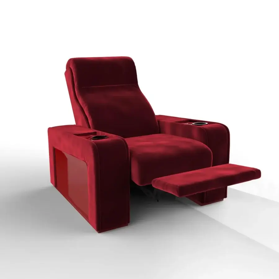 Innovative Vismara Luxor home cinema seating in deep red velvet-like textile with glossy lacquered wood and chrome steel cupholders