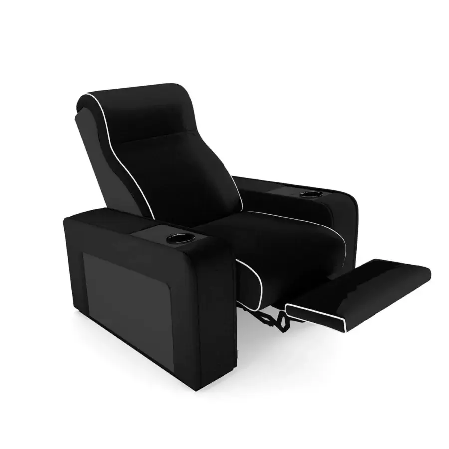 Superior Vismara Luxor home cinema seating in black textile with white trim and lacquered wood armrests
