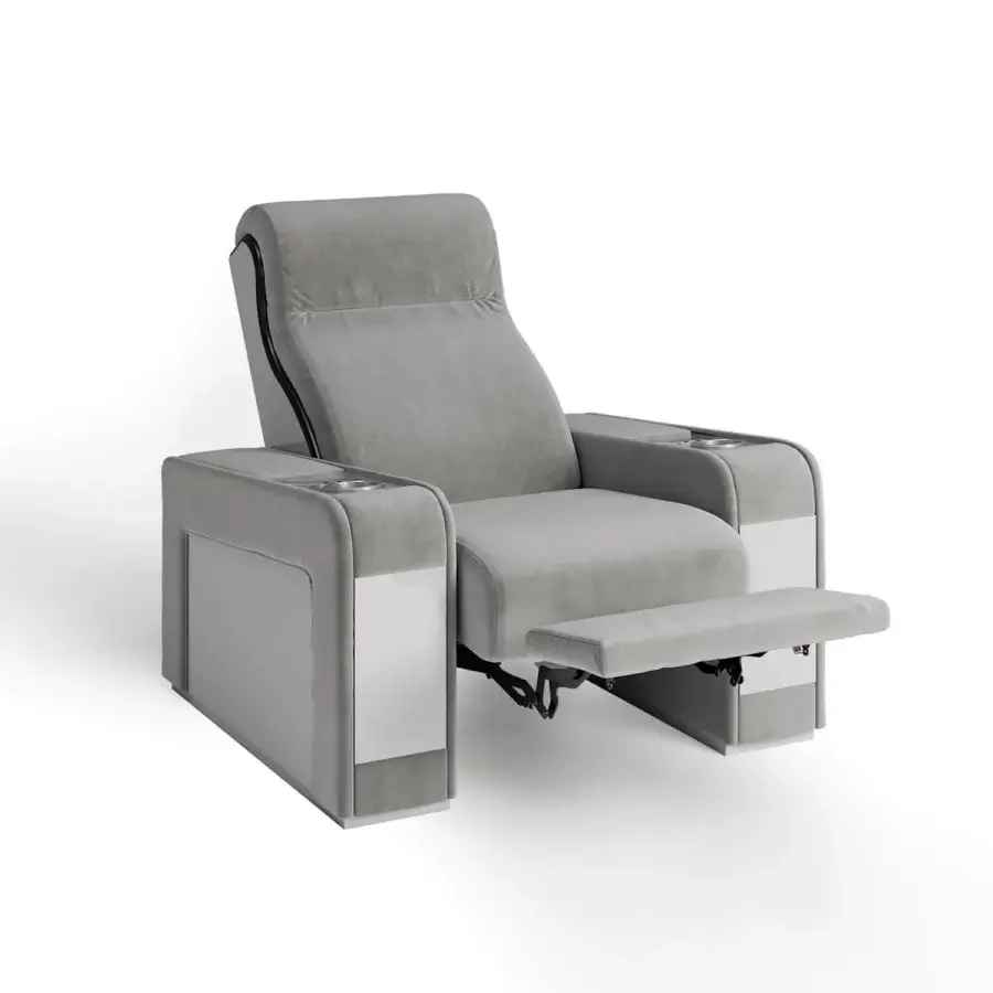 Innovative Vismara Luxor home cinema seating in light gray fabric with glossy lacquered wood armrests and chrome steel cupholders