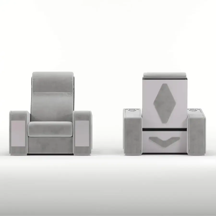 Distinguished Vismara Luxor home cinema seating in light gray textile with smooth matte finish and chrome steel cupholders