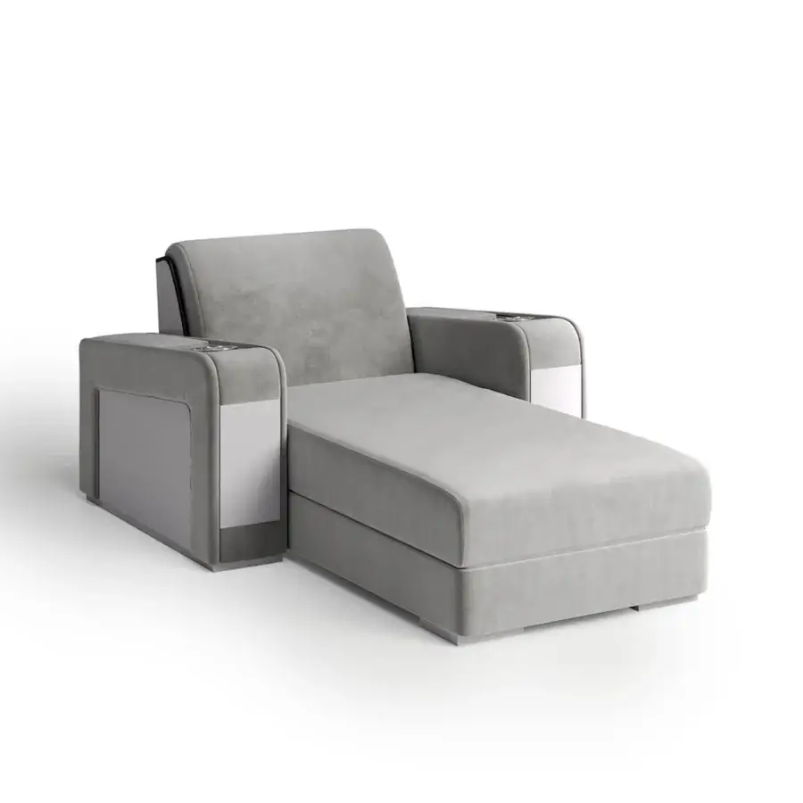 Elegant Vismara Luxor home cinema seating in light gray fabric with lacquered wood armrests and matte finish