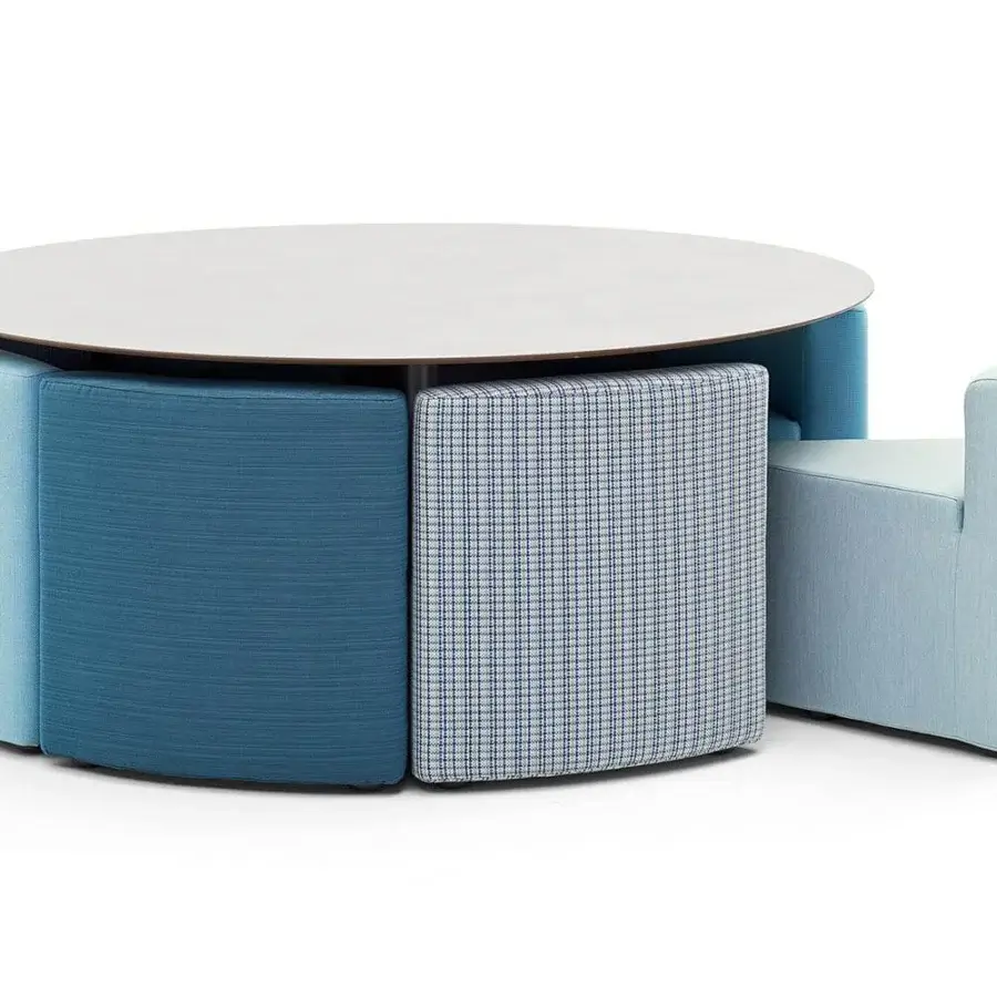 Distinguished Varaschin Big In&out table and chairs built with aluminum, bush-hammered ceramic, plus okoumè wood upholstered in blue fabrics