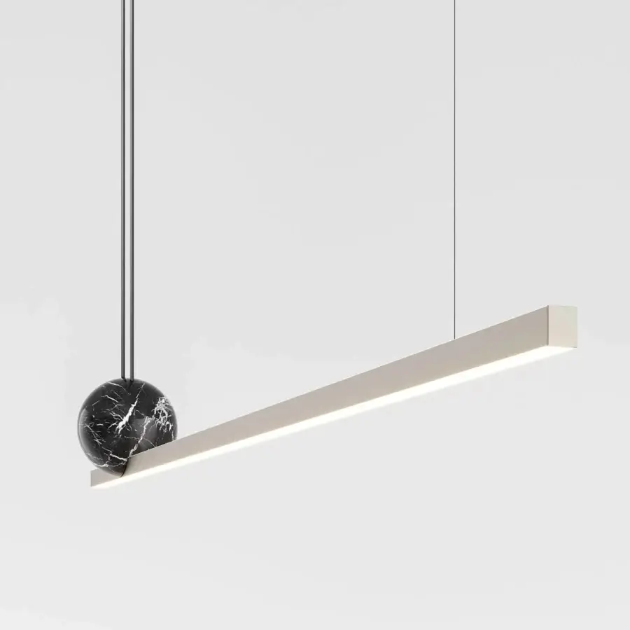 Distinguished Italamp Regolo Maxi suspension lamp with linear metal and matte methacrylate, paired with polished marble