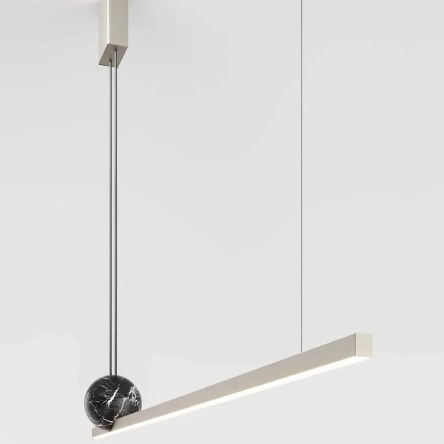 Innovative Italamp Regolo Maxi suspension lamp with a linear metal structure and matte methacrylate diffuser crafted in marble