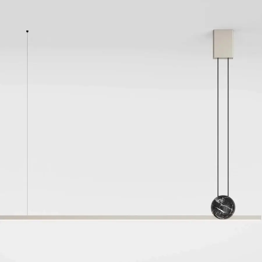 Exceptional Italamp Regolo Maxi suspension lamp with a linear metal structure and marble sphere detail in black