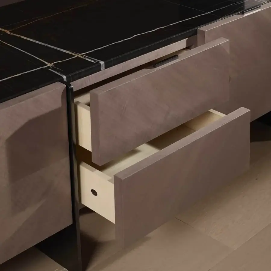 Elegant Bellavista Corvette sideboard built in European wood with a light taupe finish and brass accents