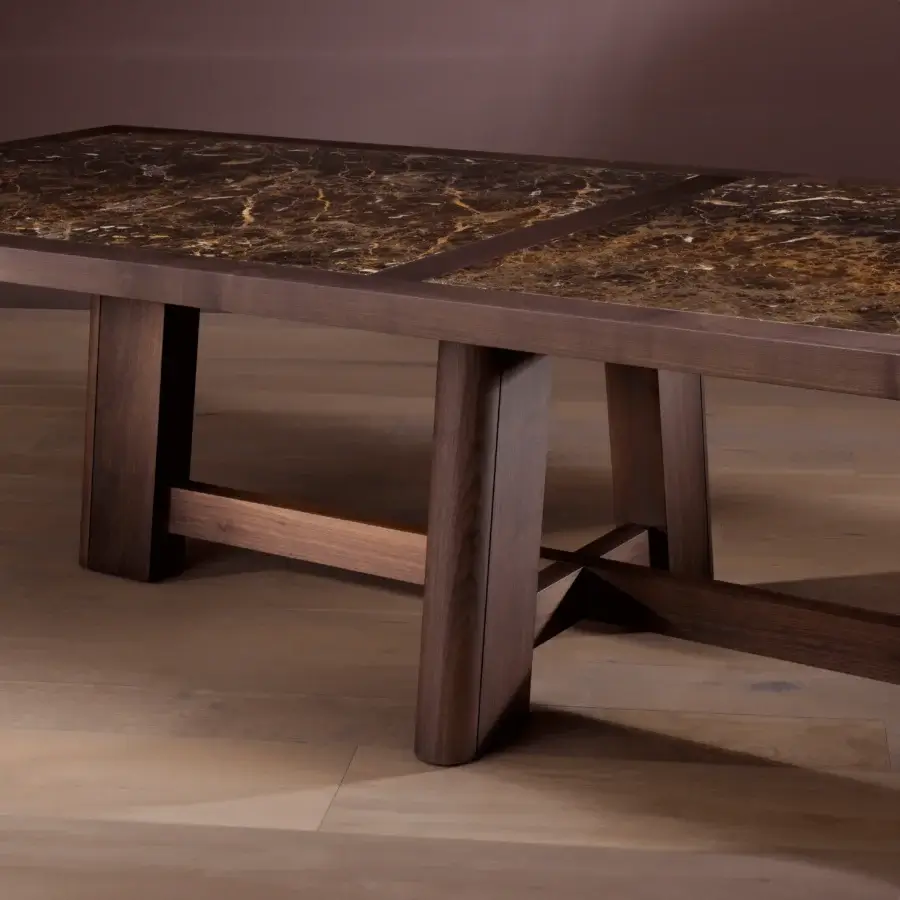 Superior Bellavista Mesamagna table built with European poplar and marble-patterned veneer, displaying a matte finish