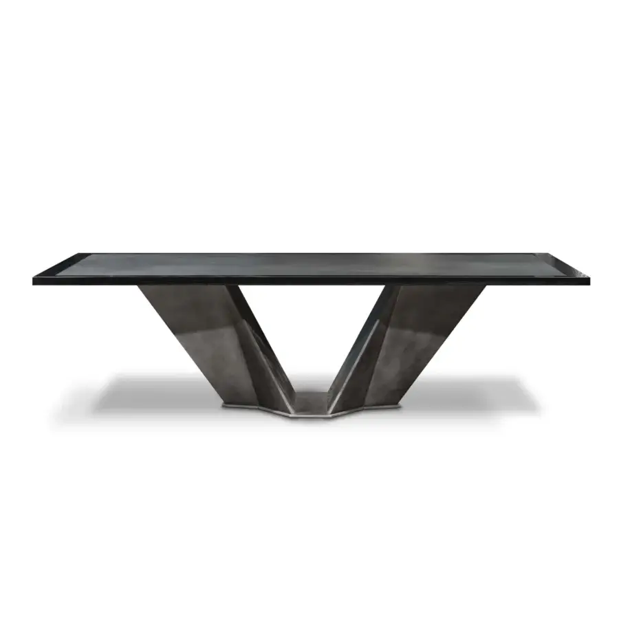 Superior WAYNE Enterprises WE-060 table with wood veneer tabletop and metallic lacquered V-shaped base in dark neutral tones crafted in Italy