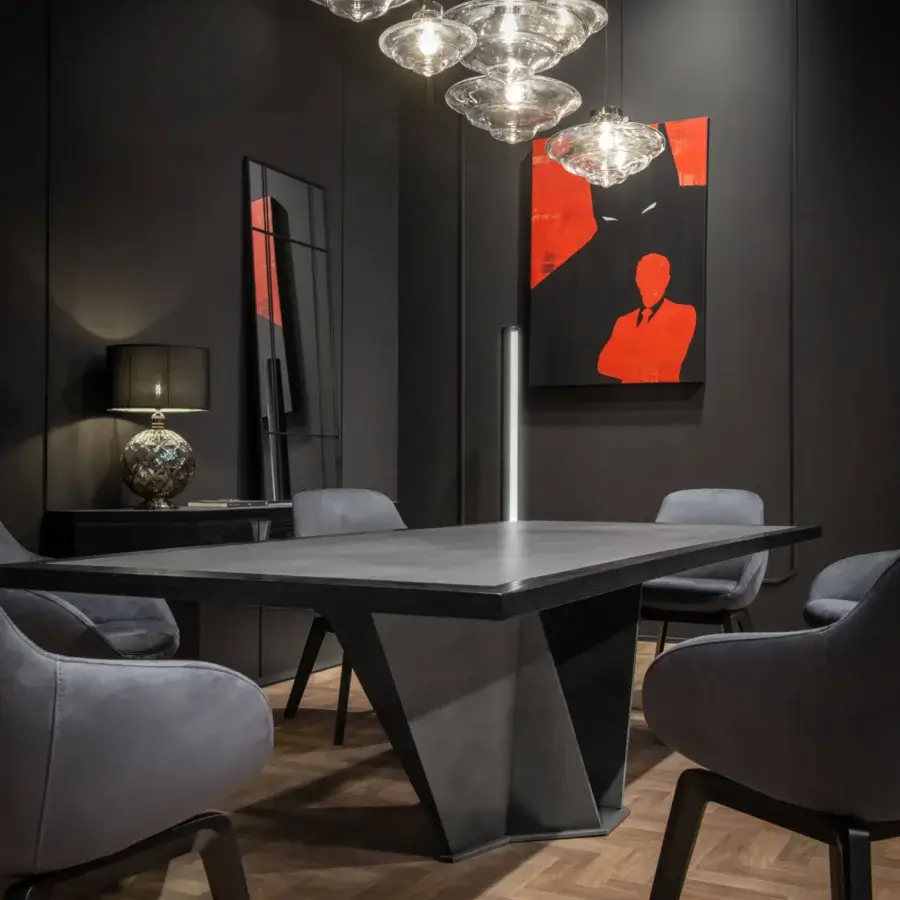Distinguished WAYNE Enterprises WE-060 table with ceramic marble tabletop and wood veneer, built with metallic lacquering