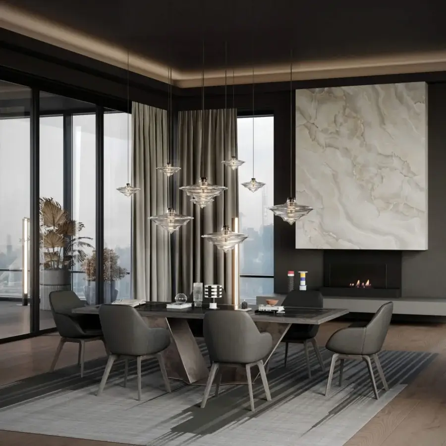 Elegant WAYNE Enterprises WE-060 table with dark gray ceramic marble top and metallic lacquered geometric base crafted in Italy with matte finish
