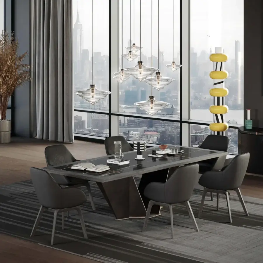 Exclusive WAYNE Enterprises WE-060 table with ceramic marble top and wood veneer frame in dark finish with geometric metallic lacquered base