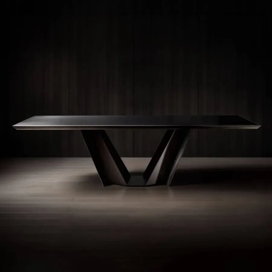 Wayne table, dark wood, rectangular tabletop with rounded edges and inverted V-shaped legs, studio shot with wood paneling.