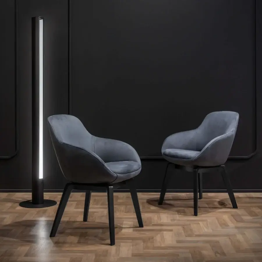 Distinguished WAYNE Enterprises WE-083 armchair with matte gray textile upholstery and dark finished wooden legs