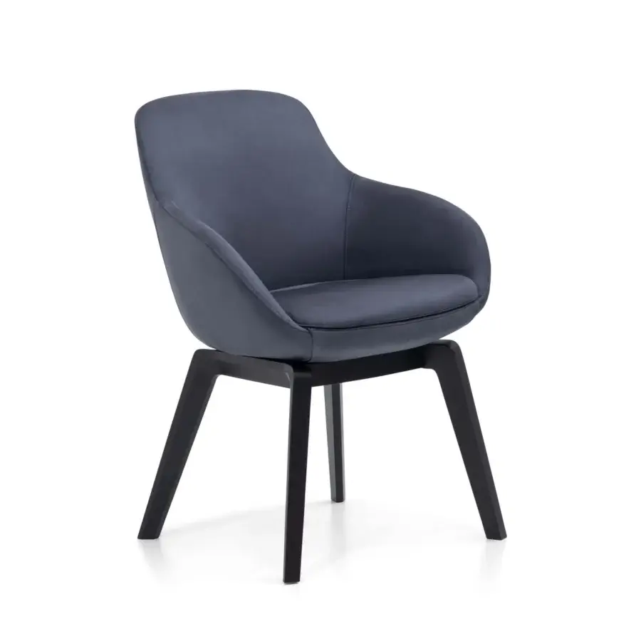 Exceptional WAYNE Enterprises WE-083 armchair in muted blue-gray textile upholstery with matte wood legs offers comfortable contemporary seating