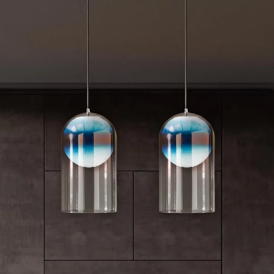 Elegant Italamp Marta suspension lamp with a blown white glass sphere encased in a transparent ruled dome with copper shading