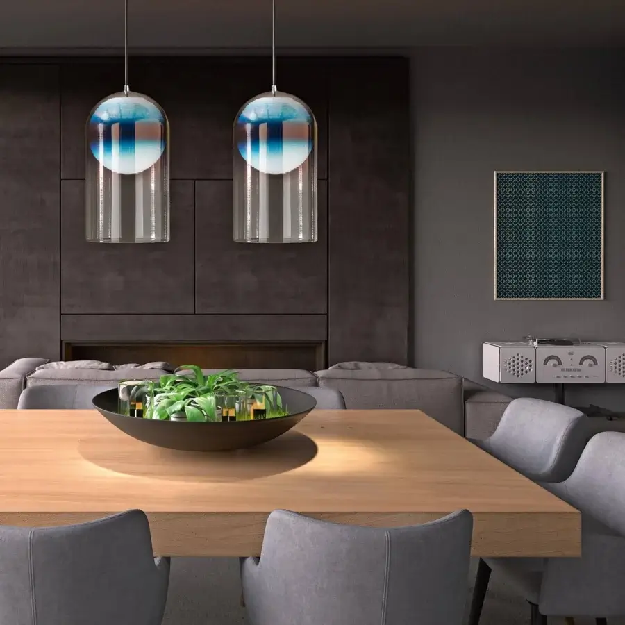 Distinguished Italamp Marta suspension lamp with a blown white glass sphere encased in a transparent ruled dome and copper shading