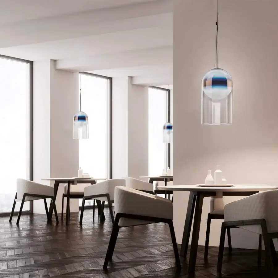 Exclusive Italamp Marta suspension lamp with a blown white glass sphere encased in a transparent ruled dome with copper shaded finish