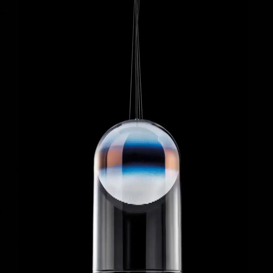 Superior Italamp Marta suspension lamp with a blown white glass sphere encased in a transparent ruled dome with copper shading