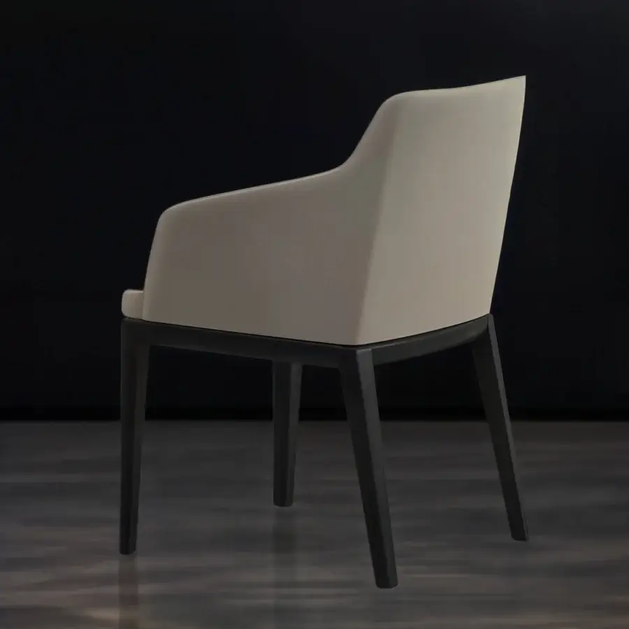 Distinguished WAYNE Enterprises WE-063 armchair with light beige upholstery and matte black wooden base exemplifies modern style