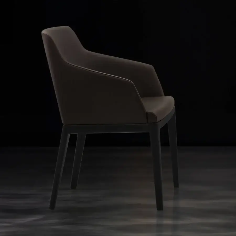 Exceptional WAYNE Enterprises WE-063 armchair with rounded angular form and deep brown leather-like upholstery with a matte finish