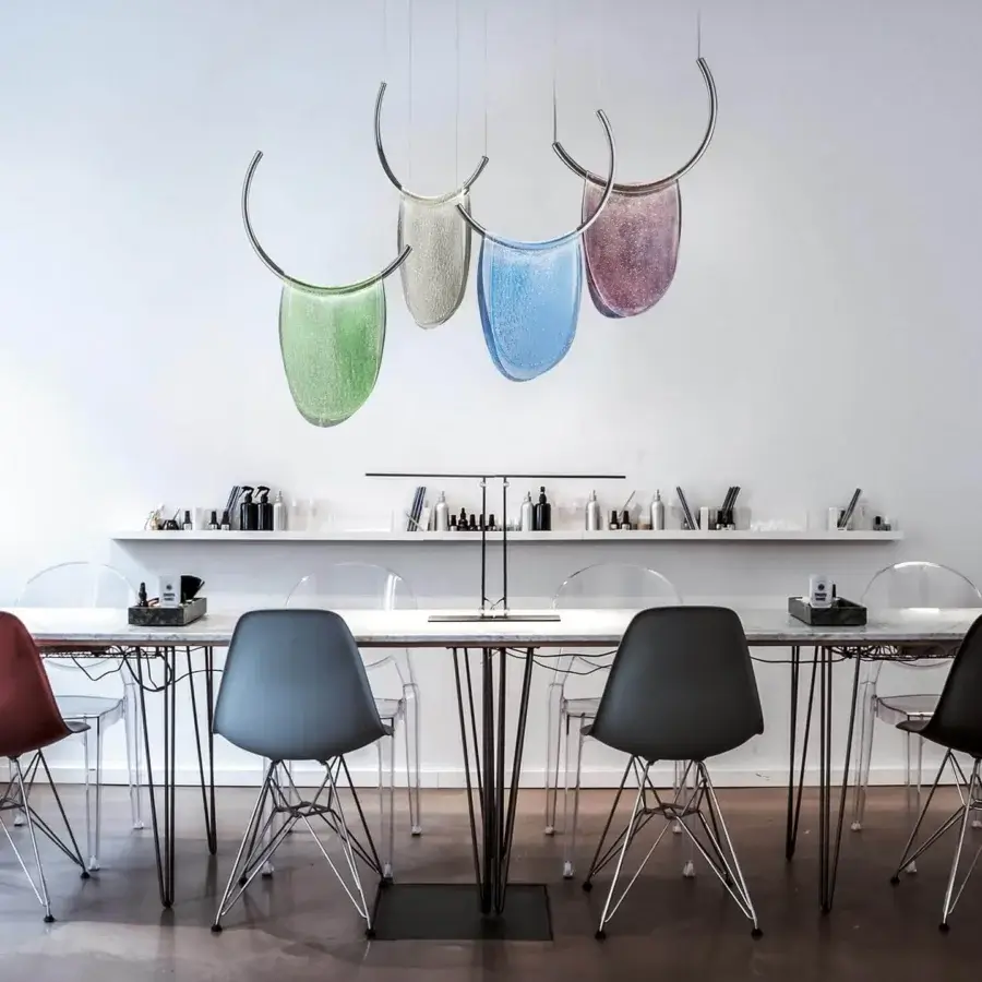 Innovative Italamp Dalì suspension lamp with thermoformed glass in green and iron grey metal frame