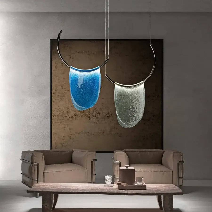 Superior Italamp Dalì suspension lamp with overlapping glass in clear frosted and blue speckled with iron grey finish