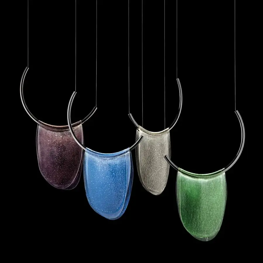 Distinguished Italamp Dalì suspension lamp with thermoformed glass shades in purple, blue, grey, and green with an iron grey finished metal frame