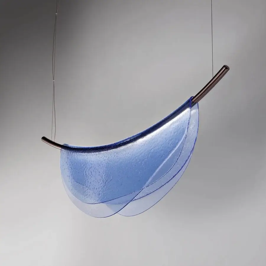 Innovative Italamp Dalì suspension lamp with three layers of textured blue thermoformed glass and sleek iron grey metal structure