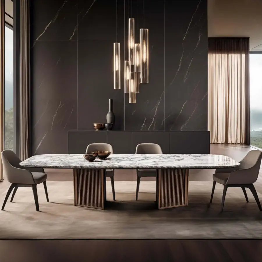 Oval marble dining table with ribbed wood base, surrounded by six grey chairs, in a room with grey tiled walls and brass chandelier.