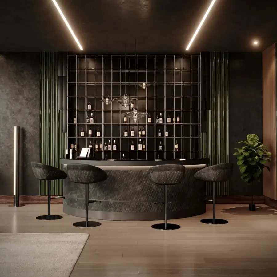 Exceptional WAYNE Enterprises WE-149 bar counter with leather frontal panel and metallic lacquering in dark gray textile and smooth countertop