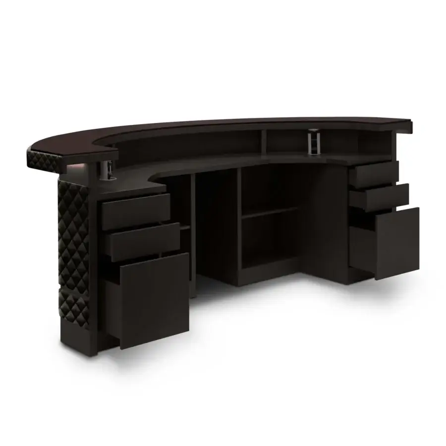 Superior WAYNE Enterprises WE-149 bar counter with dark brown matte finish and metallic lacquered details in leather