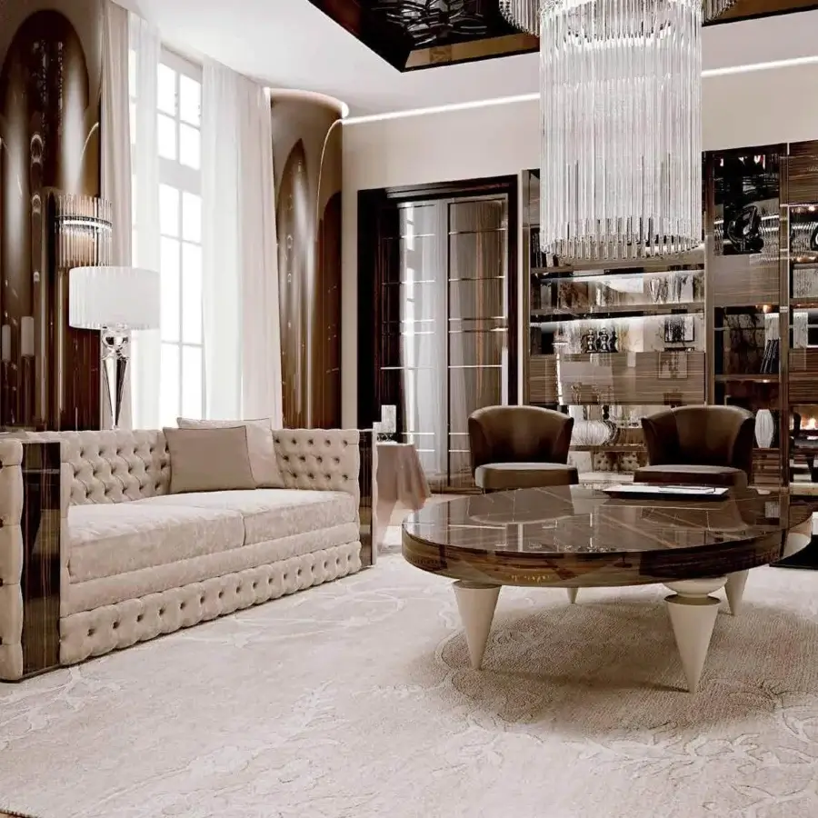 Refined Reflex Gran Canal Special coffee table with shiny ebony wood top and plain transparent Murano glass conical legs