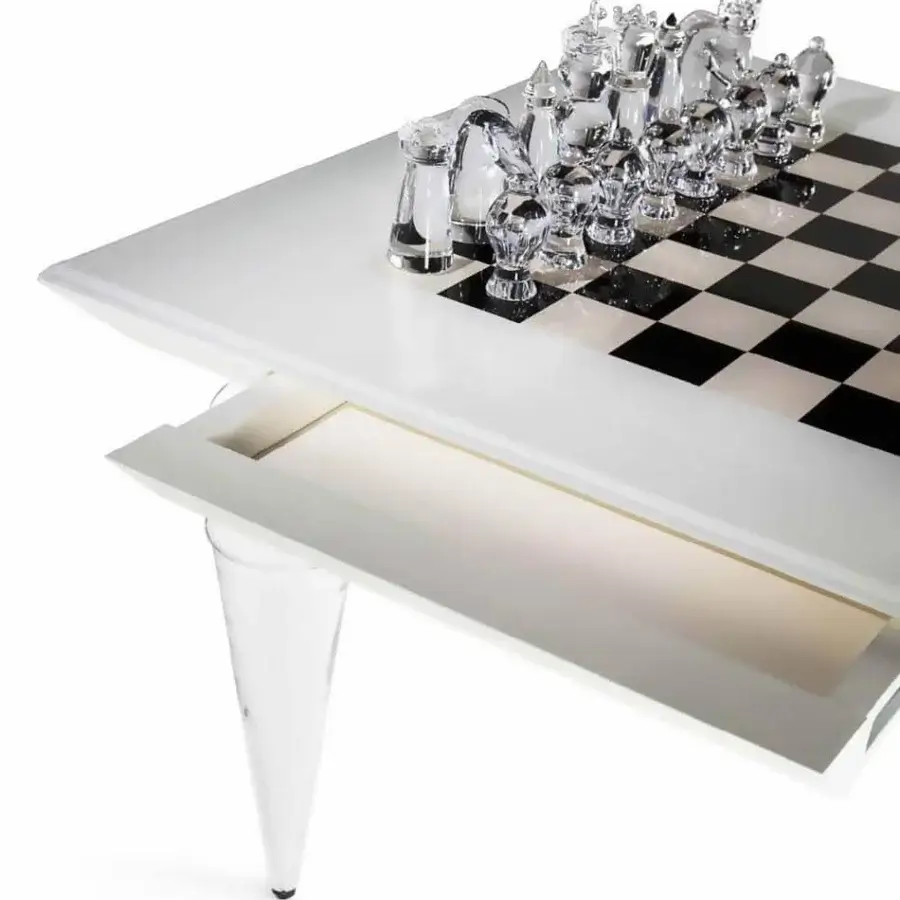 Elegant Reflex Scacchi play table with a latte lacquered wooden frame and transparent Murano glass legs