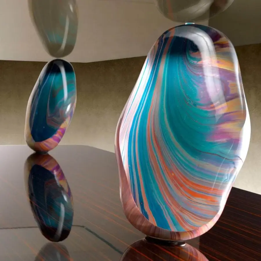 Exceptional Reflex Sassi coffee table with a wooden plinth and rectangular extra-clear glass top crafted with swirling Murano glass legs