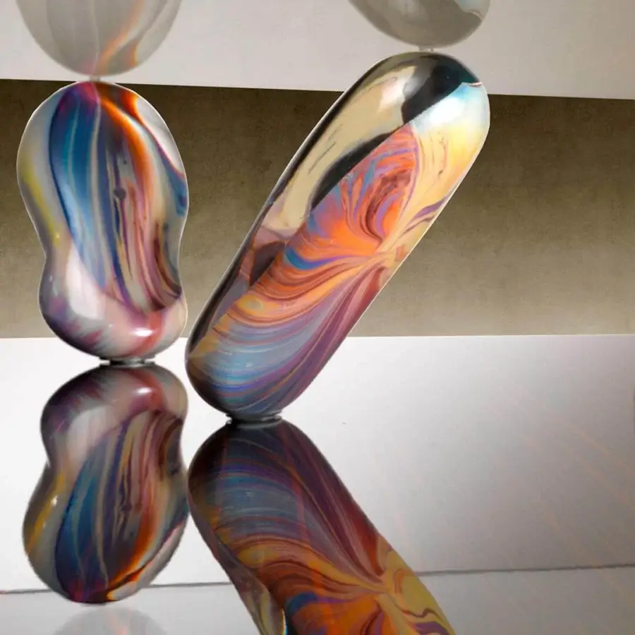 Superior Reflex Sassi coffee table with a wooden plinth and rectangular extra-clear glass, crafted with swirling blue, orange, purple, and yellow Murano glass legs