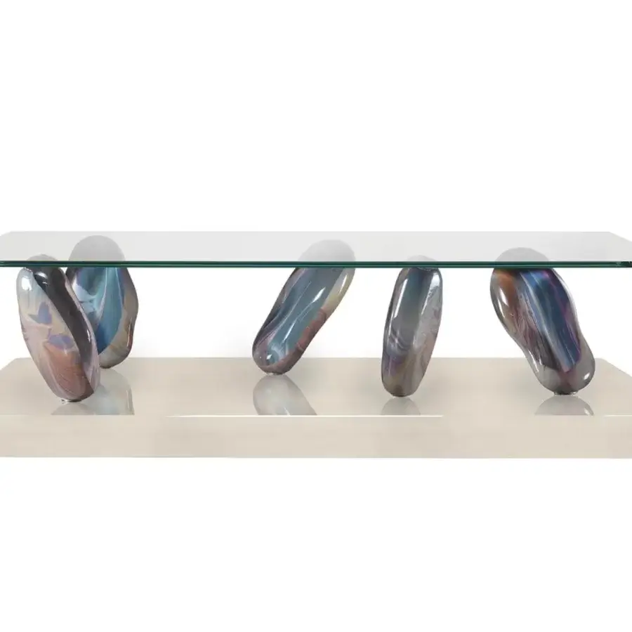 Distinguished Reflex Sassi coffee table with beveled extra-clear glass and swirling marbled Murano glass legs built upon a wooden plinth