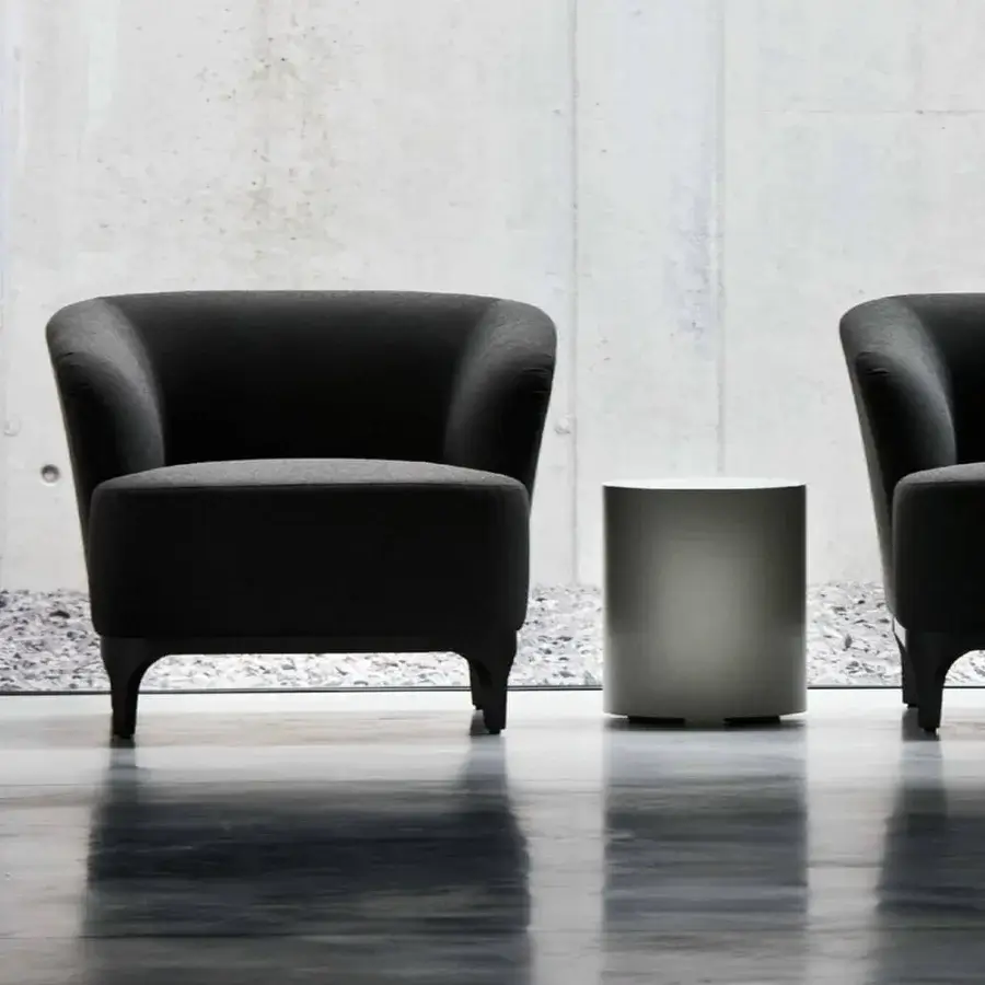 Distinguished LaCividina Elle lounge chair with dark gray textile upholstery and short dark wood legs