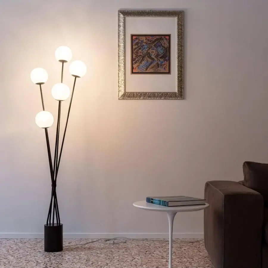 Exceptional Italamp Tea floor lamp with bouquet-inspired design in satin blown glass and matte black metal stems