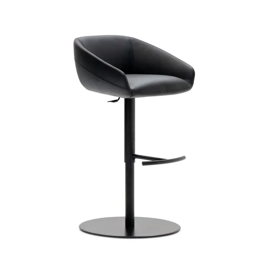 Distinguished WAYNE Enterprises WE-140 stool in sleek black leather with a slender black metal base crafted in Italy