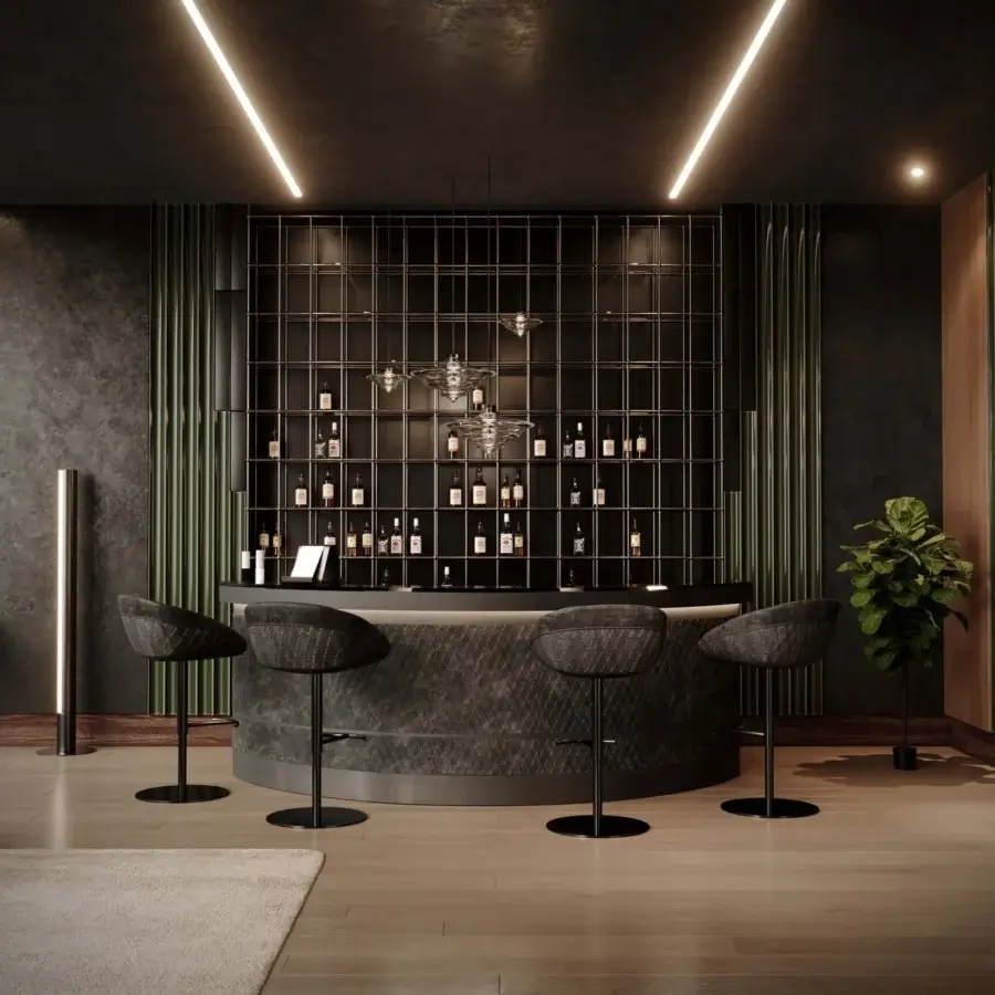 Exceptional WAYNE Enterprises WE-140 stool upholstered in dark textured fabric with a sleek matte black metal structure crafted in Italy