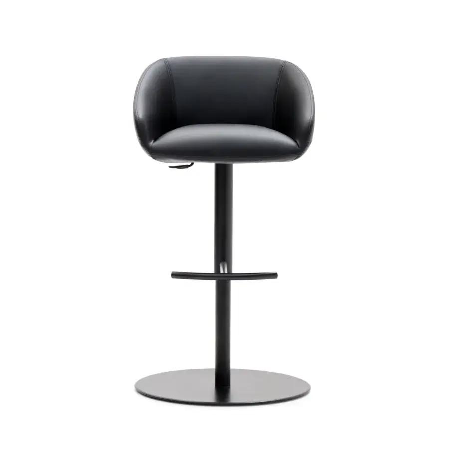 Elegant WAYNE Enterprises WE-140 bar stool upholstered in premium black leather with a matte cylindrical metal base
