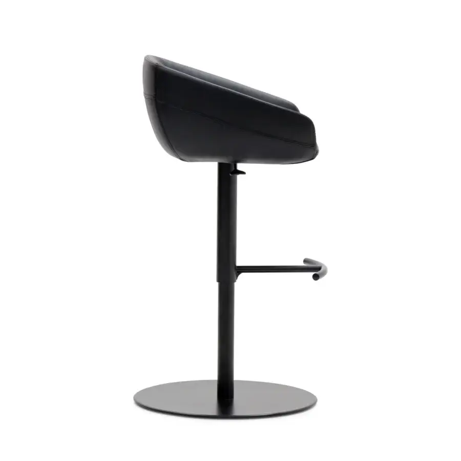 Distinguished WAYNE Enterprises WE-140 bar stool upholstered in premium black leather with a sleek matte metal base