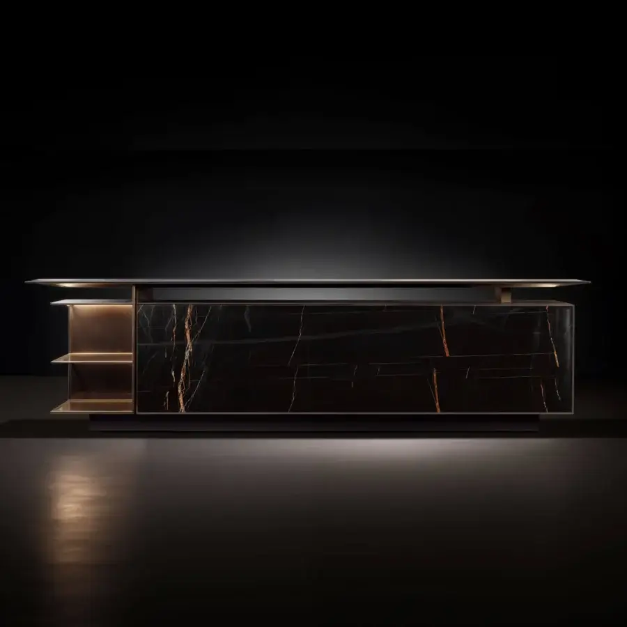 Bar counter, dark marble and brushed brass, linear veining and gold metal frame with open shelving and warm underlighting.