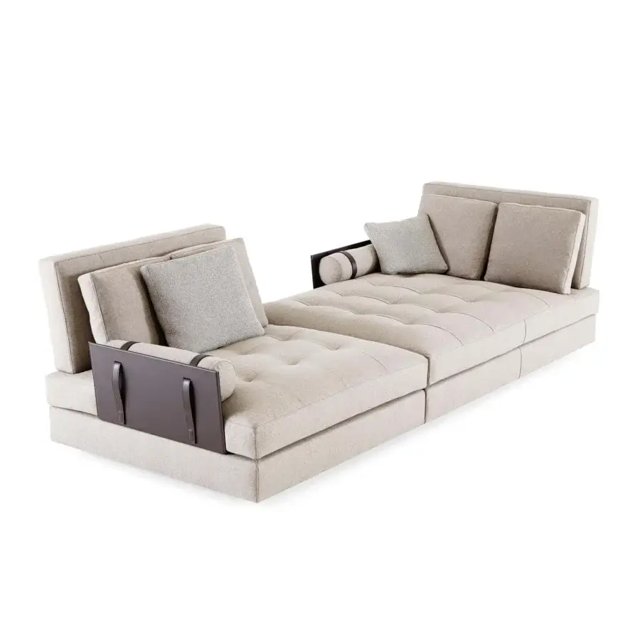 Superior Swan Italia Hemingway sectional with light beige textile upholstery and dark brown coach hide armrests