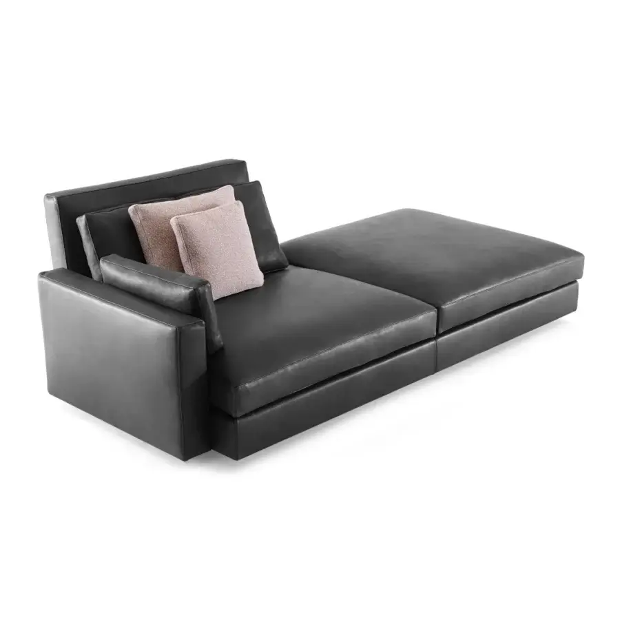Elegant Swan Italia Hemingway sofa with sleek black leather upholstery and minimalist geometric form built with a metal frame