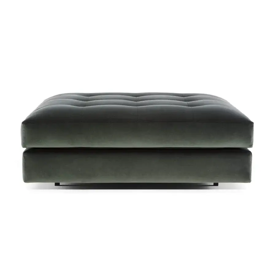Distinguished Swan Italia Hemingway ottoman with muted dark green textile upholstery and sleek dark metal base